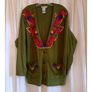 Marie Diamond Women's Size L Green Embroidered Beaded Cardigan Vtg 1992‎